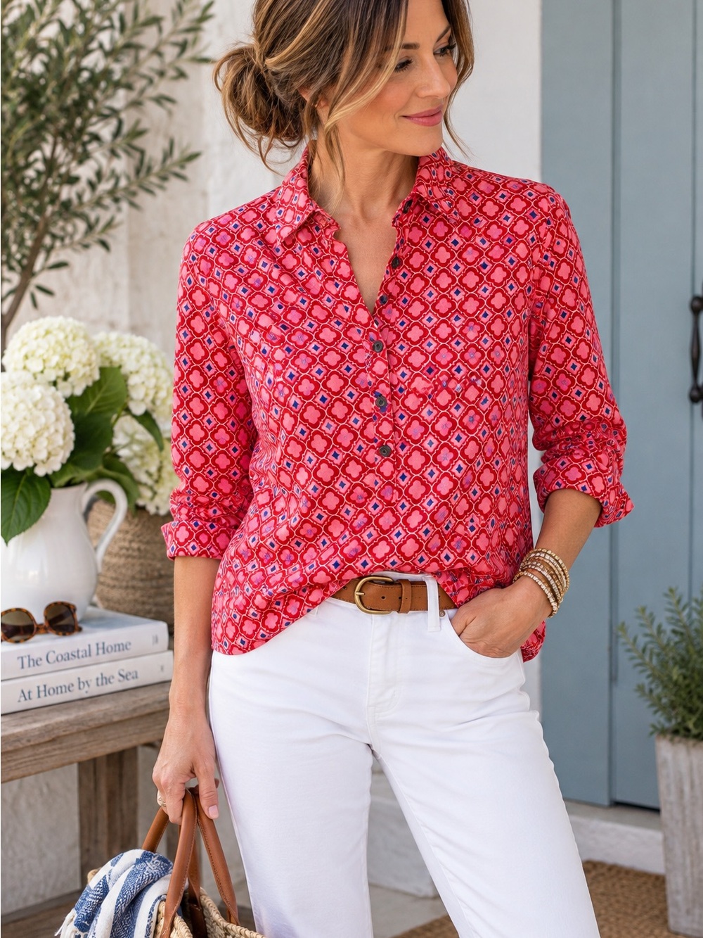Pink, red and cobalt blue women’s partial button-down collared shirt